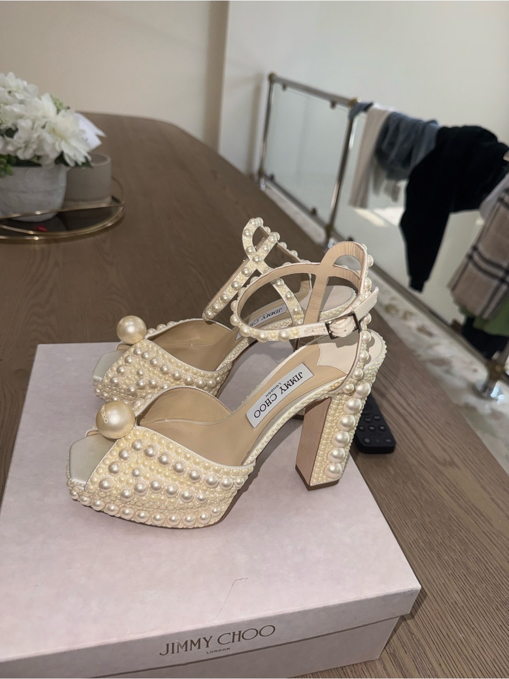 Jimmy Choo Pearl-Embellished Ivory Platform Sandals - Picture 4 of 5